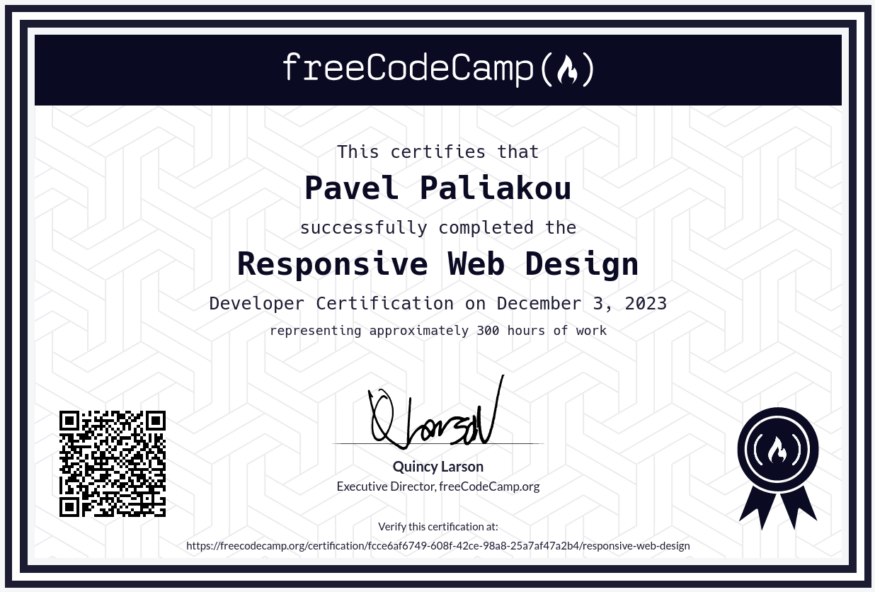 Responsive web design certificate from Free Code Camp